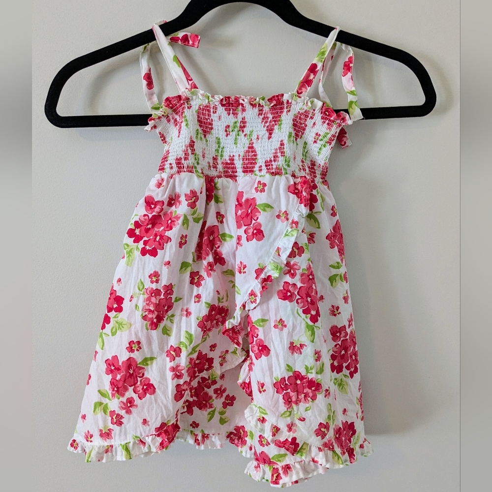 Janie And Jack Pink White Floral Smocked Sundress Ruffles Bows Size 2T